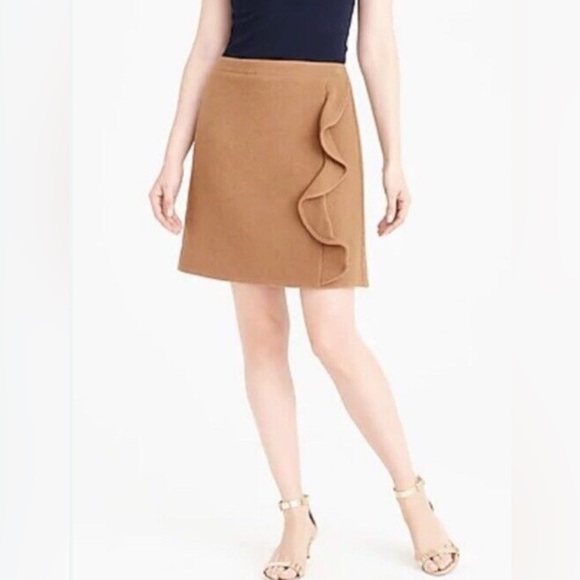 J. CREW Mercantile CAMEL Brown Ruffle-Front Mini Skirt Wool Blend Lined